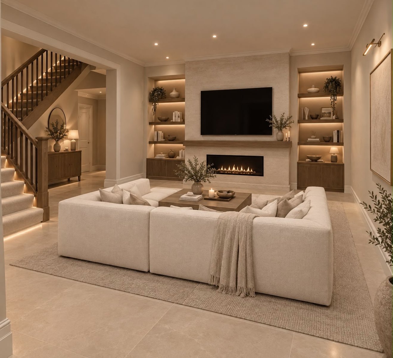 The customer's inspiration picture: lit floating shelves over oak cabinets, TV above a long fire