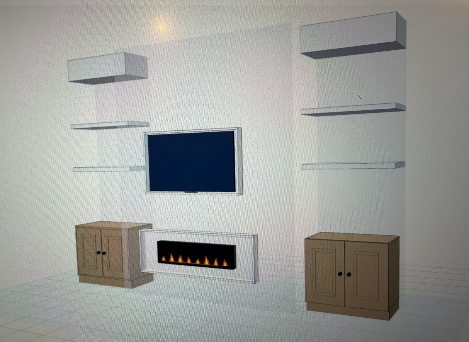 3D design of the media wall in Articad: TV, fire recess, alcove cabinets and floating shelves