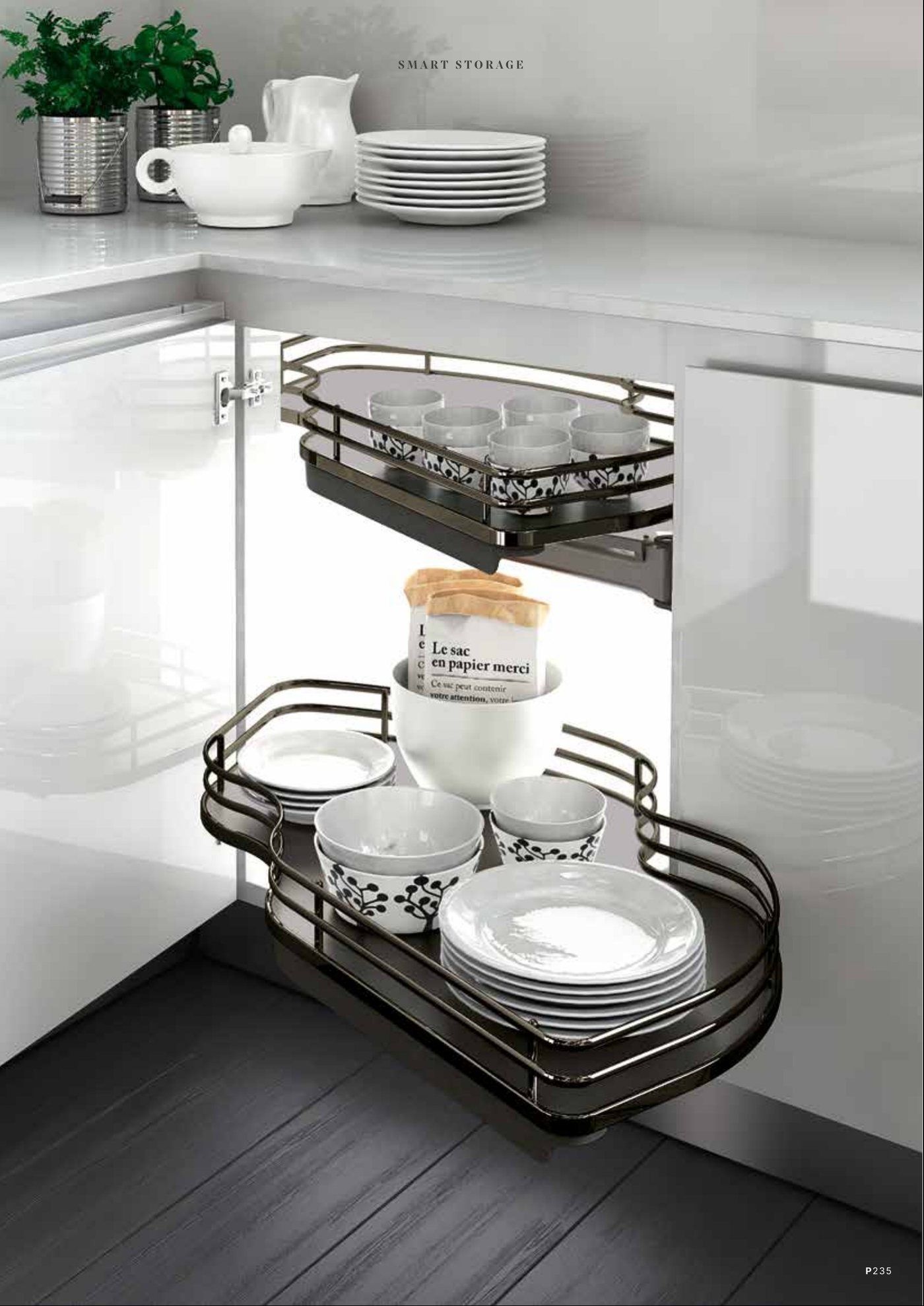 Corner pull-out shelves full of plates and bowls