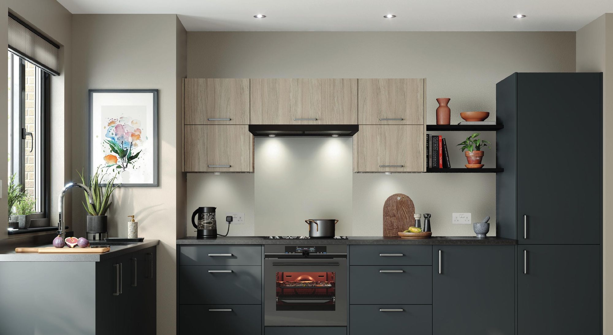 Piatto kitchen in Oyster Oak and matt Charcoal