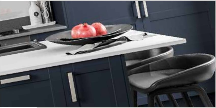 Black bar handles on dark blue doors