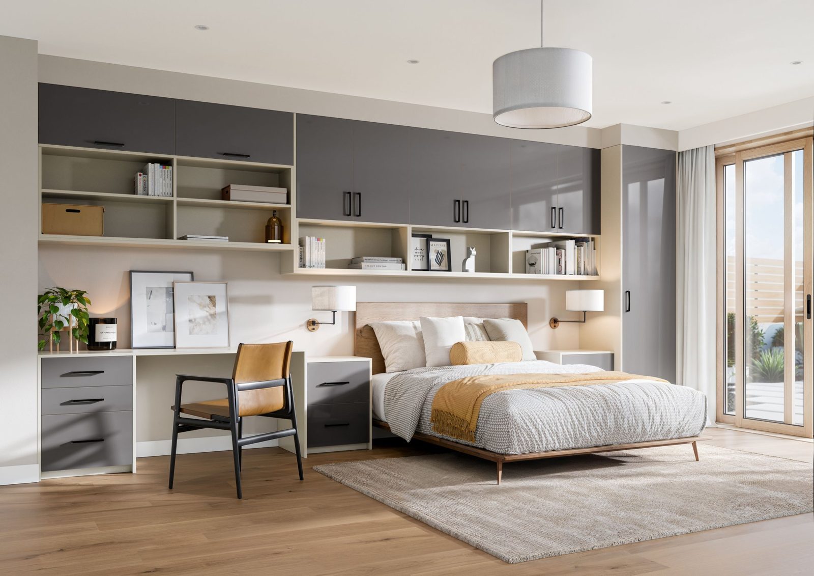 Fitted bedroom in Plana Pure Dark Grey Gloss with overbed storage, shelving and a desk